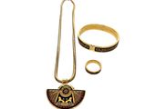 an image of a necklace, bracelet, and ring are shown on a white background