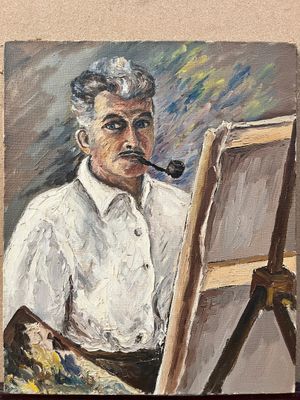 painting of a man with a pipe in his mouth sitting in front of an easel