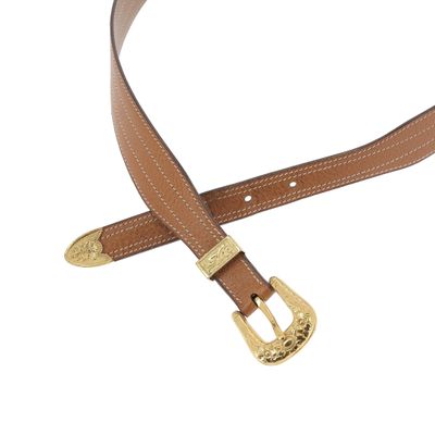 a close up of a brown leather belt with a gold buckle