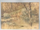 a picture of a painting of a river in the woods