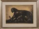 an image of a painting of a monkey and a rabbit in a wood frame