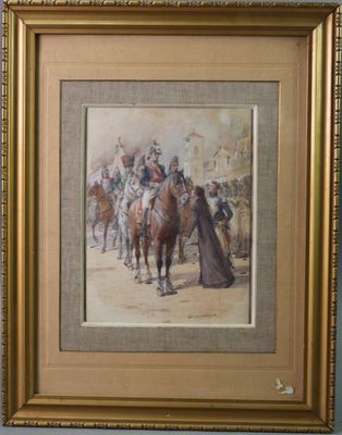 tableau encadré représentant un homme à cheval entouré d'un groupe de personnes