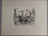 a black and white drawing of a ship in a harbor
