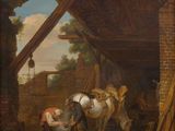 an image of a painting of a man and a horse in a barn