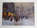 a painting of people walking down the street in the snow
