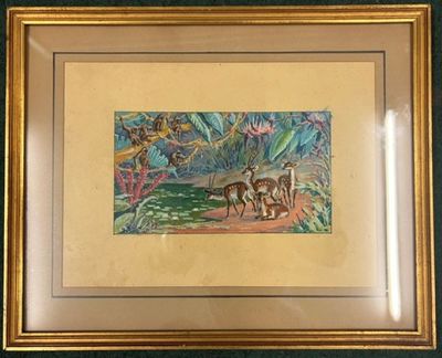 painting of deers in a tropical setting by a river