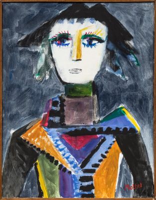 un tableau représentant une femme portant un chapeau et une robe colorée