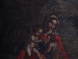 an old painting of a woman holding a baby and a man holding a dog
