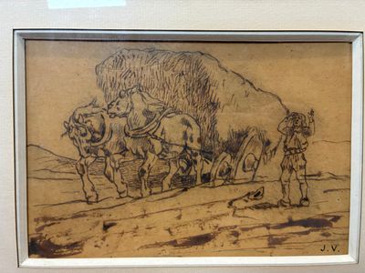 Ecole XIXème siècle Chevaux et foin Encre et lavis Monogramm…