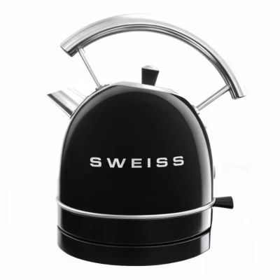 photographie en noir et blanc d'une bouilloire sur laquelle figure le mot « Swiss »