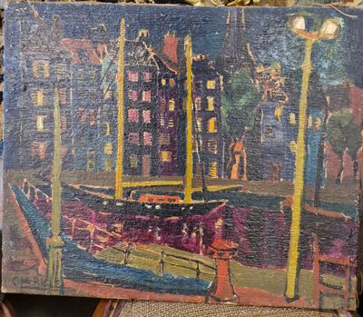 une peinture à l'huile représentant un bateau sur un plan d'eau