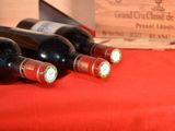 several bottles of wine are lined up on a red table cloth