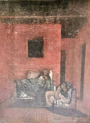 a painting of two people sitting on a couch in a room