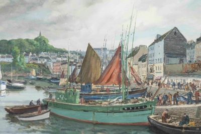 a painting of a harbor with boats and people on the water