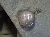 a button that has been placed on the lapel of a suit jacket
