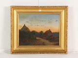 une peinture à l'huile représentant une scène de campagne avec une route et une maison