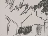 drawing of a bird sitting on top of a pole next to a building