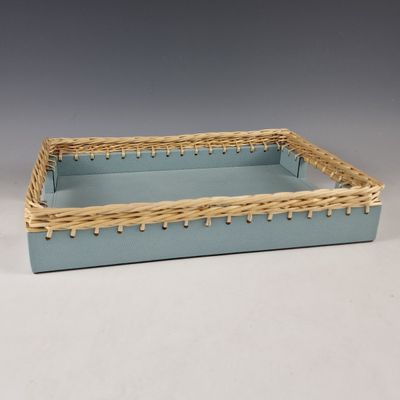 blue rectangular wicker basket with handles and handles