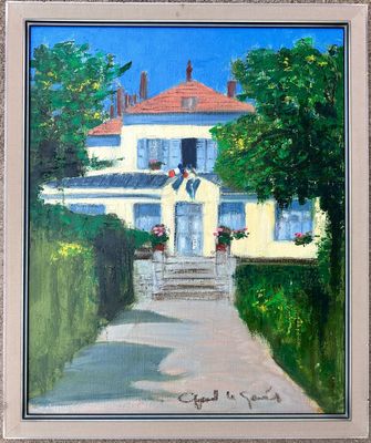 peinture d'une maison blanche avec un toit rouge par une journée ensoleillée