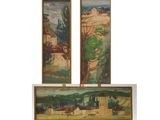 two paintings of a village and a village with a church in the background