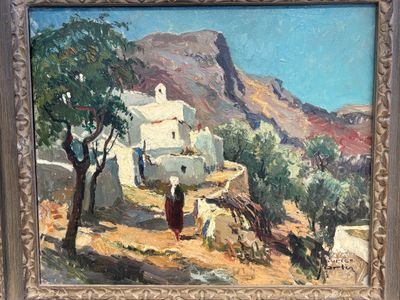 une peinture à l'huile représentant une scène de village avec une montagne en arrière-plan