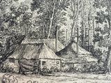 drawing of a village with a thatched roof and a river in the foreground
