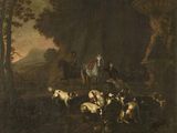 tableau représentant un homme à cheval entouré d'une meute de chiens