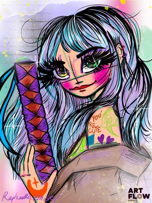 une image représentant le dessin d'une jeune fille aux cheveux violets tenant un sac violet
