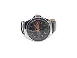wrist watch with black dial and roman numerals on black leather strap