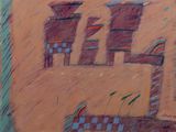 une peinture représentant une peinture d'un bâtiment sur lequel figure une horloge