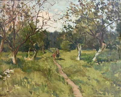 un tableau représentant un homme à cheval sur un sentier