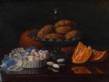 a painting of a bowl of cookies and oranges on a table