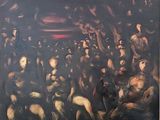 un tableau représentant un groupe de personnes dans une pièce sombre