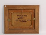 painting of a wooden frame with writing on it on a white wall