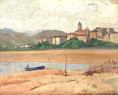 a painting of a small boat on the water