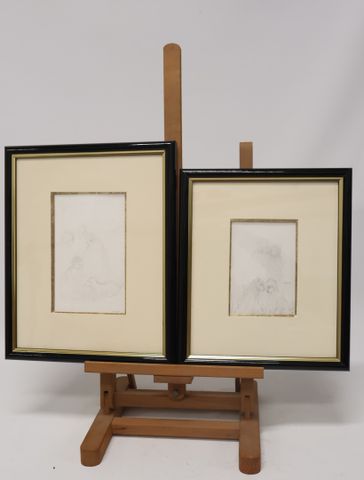 Jadwiga LESICKA (1921-2015) « Enfants aux chiens ». Lot de 2 dess...
