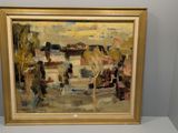 une image représentant un tableau représentant une scène urbaine, dans un cadre doré