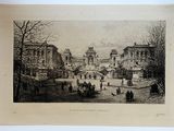 un dessin en noir et blanc représentant une scène de rue avec des passants