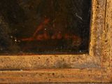 an old painting of a woman in a red dress sitting on a bench