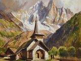 tableau représentant une église dans les montagnes, avec un clocher au premier plan