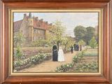 tableau représentant un couple se promenant dans un jardin, avec un château en arrière-plan
