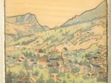 a picture of a painting of a town in the mountains