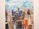 peinture représentant un paysage urbain avec un ciel bleu et des nuages en arrière-plan