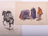 two drawings of people on horses and a man on a horse and a woman on a horse