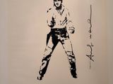 a black and white drawing of a man with a gun