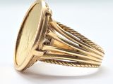 an image of a close up of a gold ring with a coin on it
