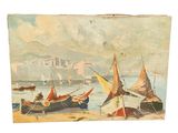 un tableau représentant des bateaux sur l'eau, avec une ville en arrière-plan