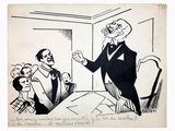 drawing of a cartoon of a man in a tuxedo giving a speech to a group of people