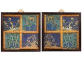 two framed paintings of flowers and birds on a blue background