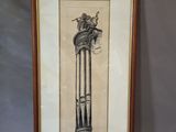 an old drawing of a woman sitting on top of a wooden pole